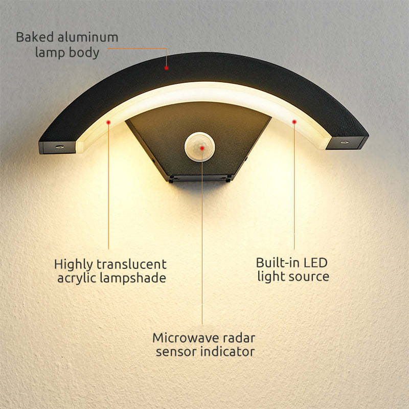 Arc-Shaped Outdoor Wall Lamp – Black, Motion Sensor or Steady