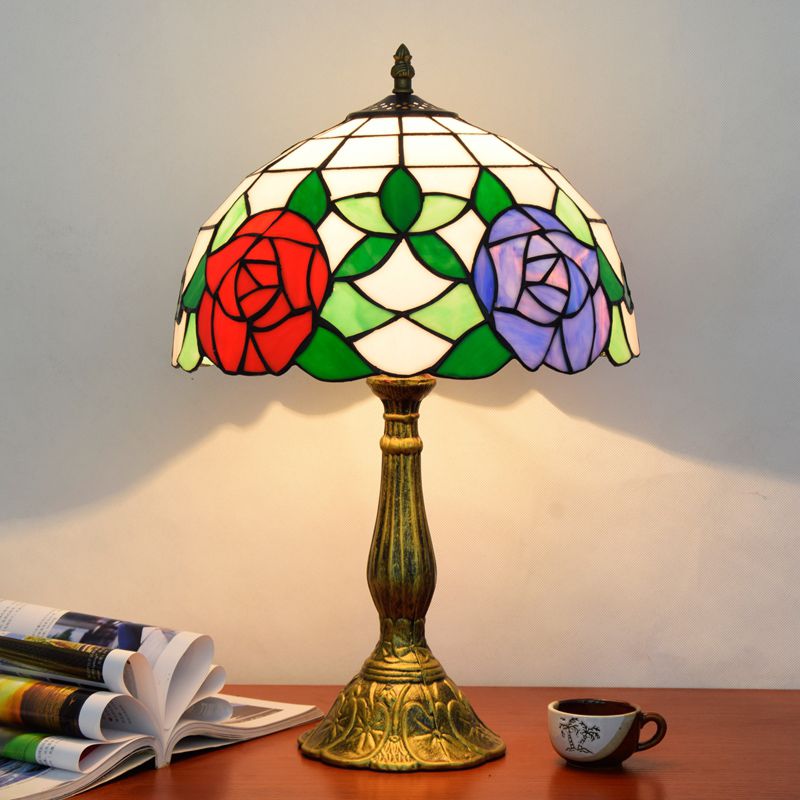 Vintage Carved Table Lamp with Floral-Detailed Dome