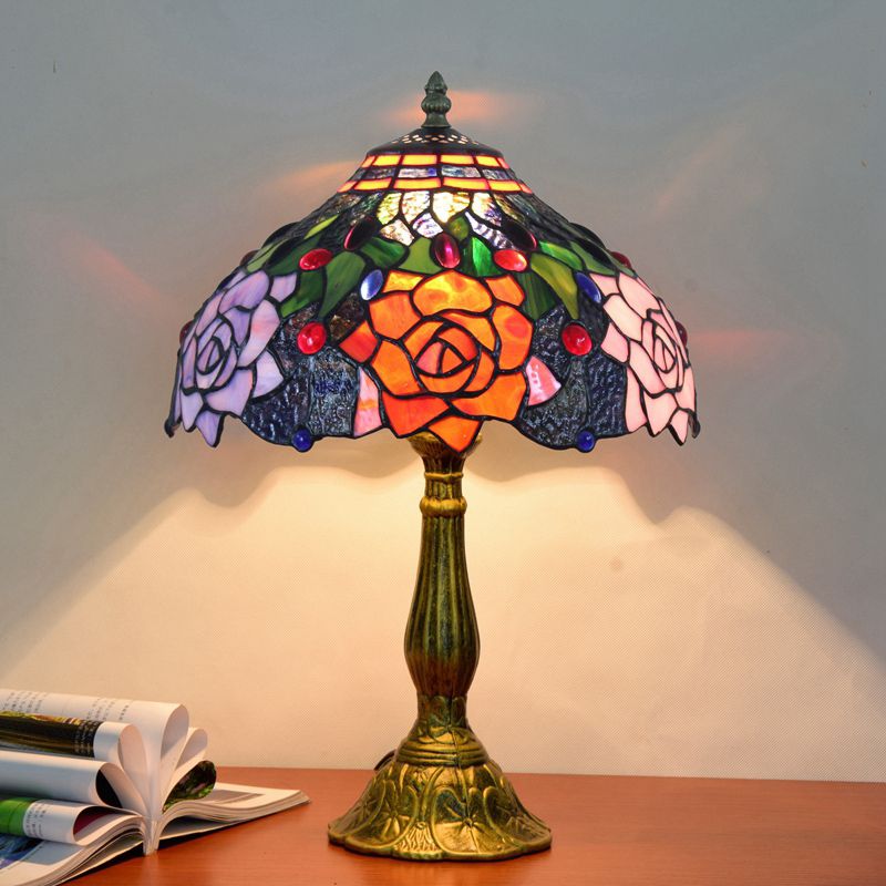 Vintage Carved Table Lamp with Floral-Detailed Dome