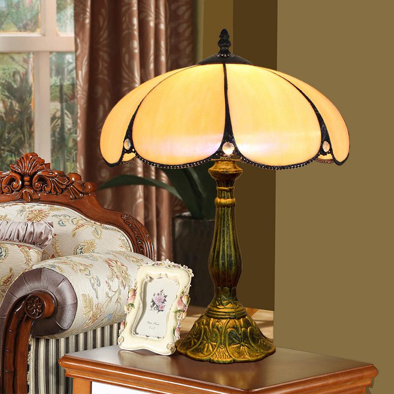 Vintage Carved Table Lamp with Floral-Detailed Dome
