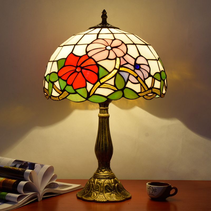 Vintage Carved Table Lamp with Floral-Detailed Dome