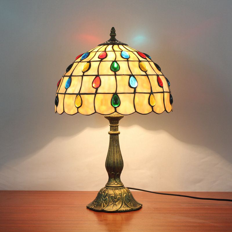 Vintage Carved Table Lamp with Floral-Detailed Dome