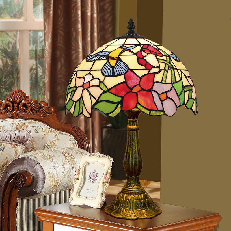 Vintage Carved Table Lamp with Floral-Detailed Dome