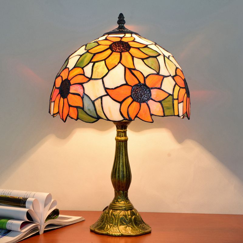 Vintage Carved Table Lamp with Floral-Detailed Dome