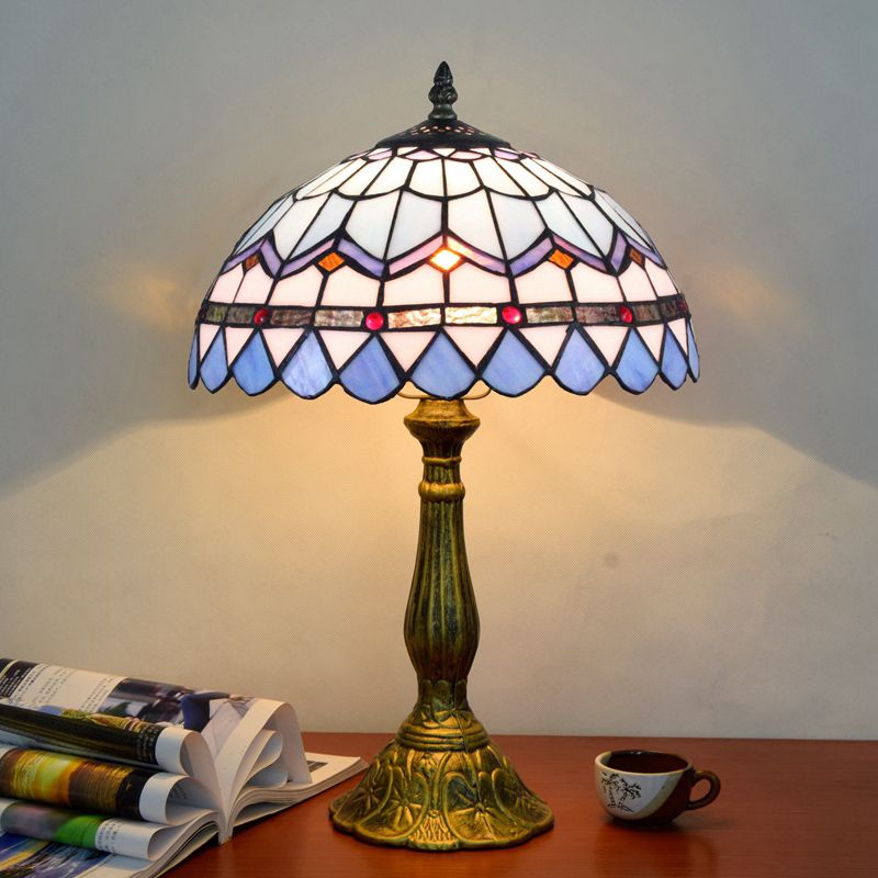 Vintage Carved Table Lamp with Floral-Detailed Dome
