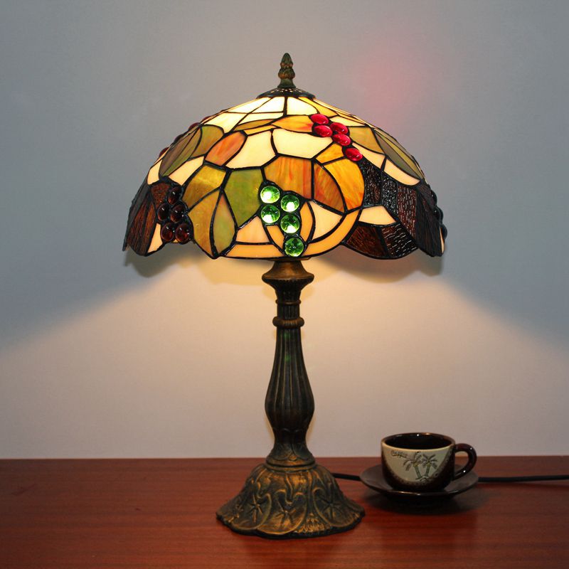 Vintage Carved Table Lamp with Floral-Detailed Dome