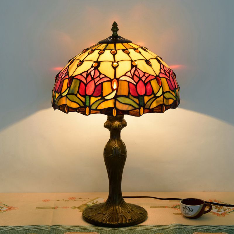 Vintage Carved Table Lamp with Floral-Detailed Dome