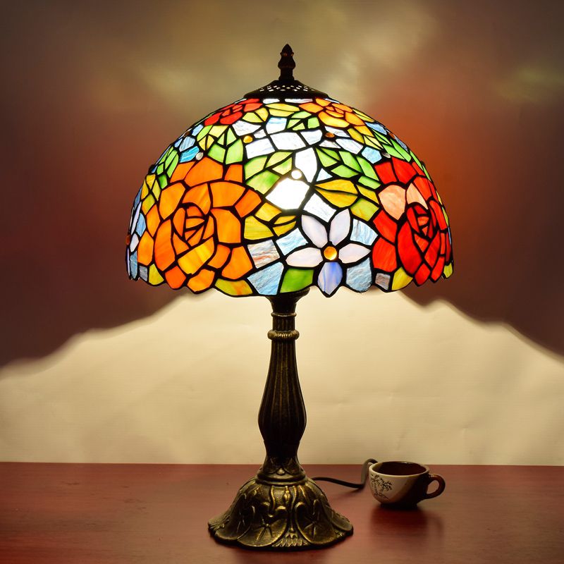 Vintage Carved Table Lamp with Floral-Detailed Dome