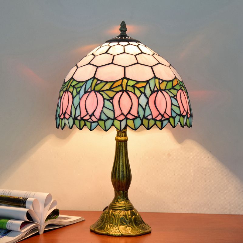Vintage Carved Table Lamp with Floral-Detailed Dome