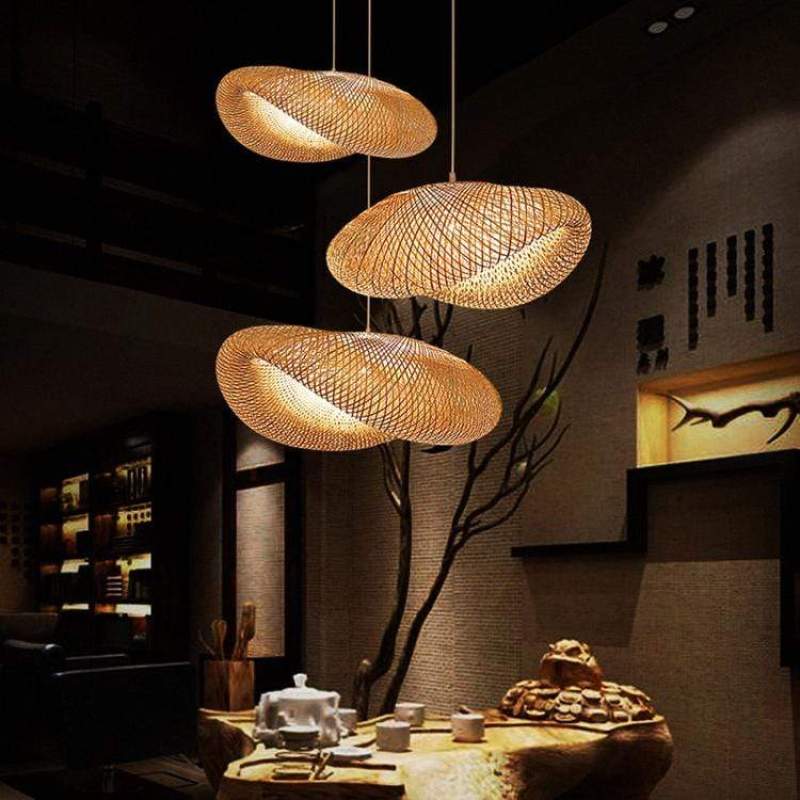 Wabi-Sabi Curvilinear Woven Pendant Light in Bamboo