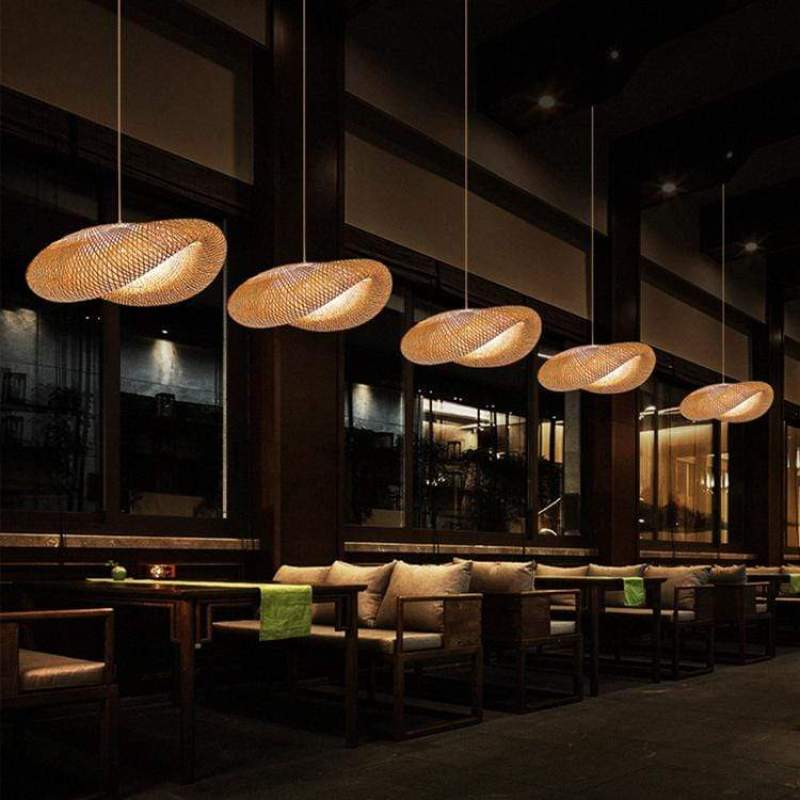 Wabi-Sabi Curvilinear Woven Pendant Light in Bamboo