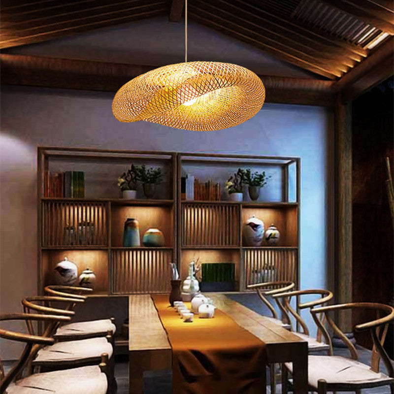 Wabi-Sabi Curvilinear Woven Pendant Light in Bamboo