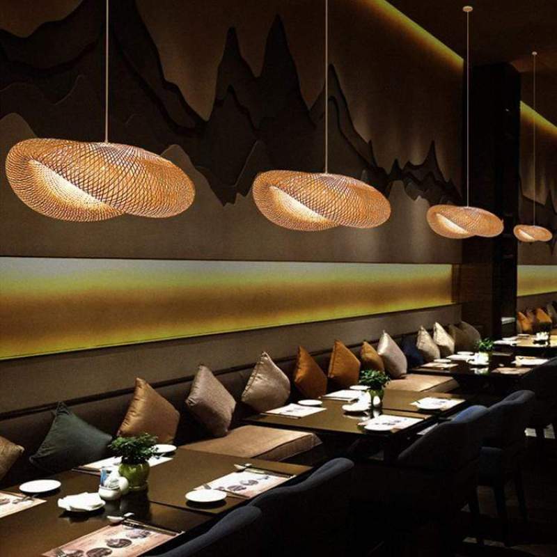 Wabi-Sabi Curvilinear Woven Pendant Light in Bamboo