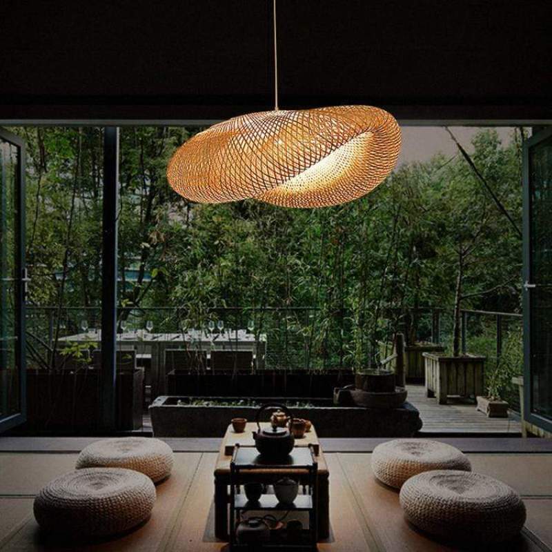 Wabi-Sabi Curvilinear Woven Pendant Light in Bamboo