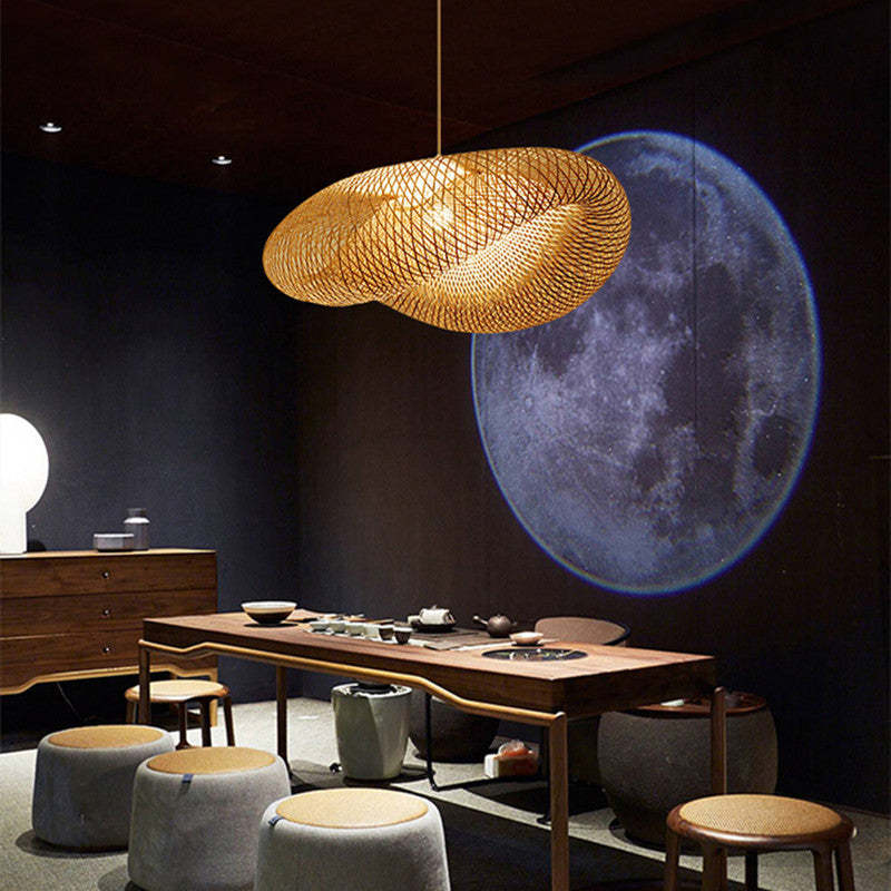 Wabi-Sabi Curvilinear Woven Pendant Light in Bamboo