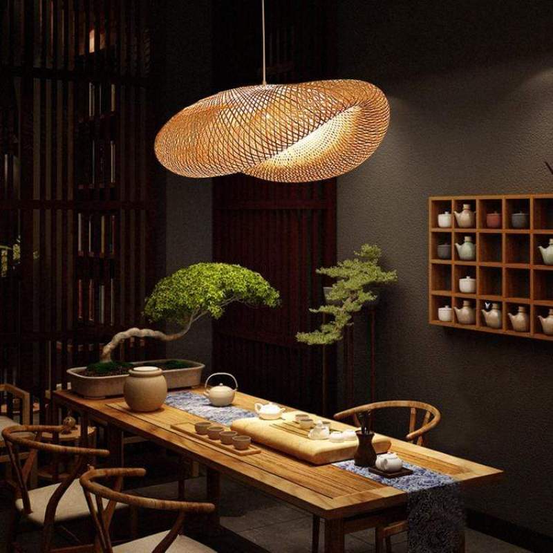 Wabi-Sabi Curvilinear Woven Pendant Light in Bamboo