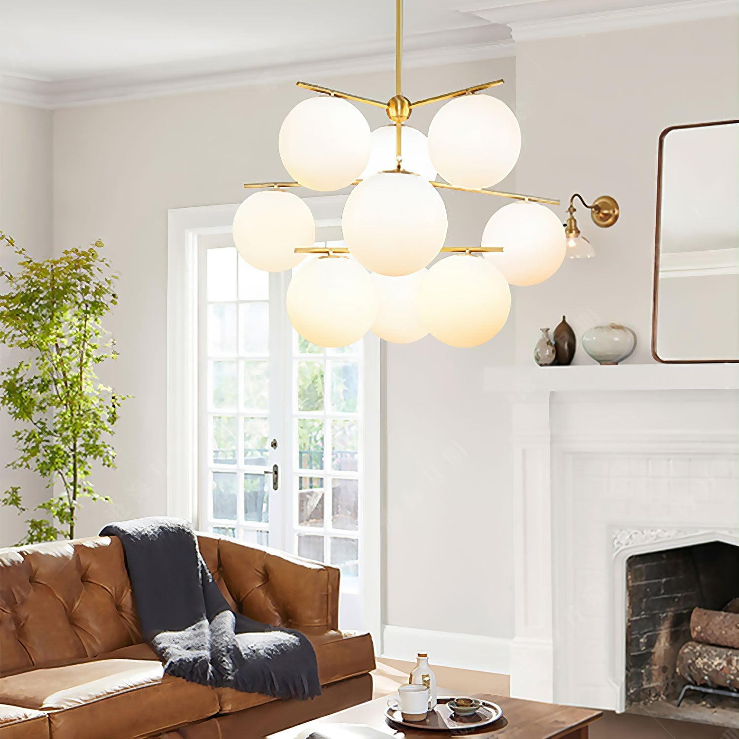 Modern Brass Chandelier with Glass Spheres