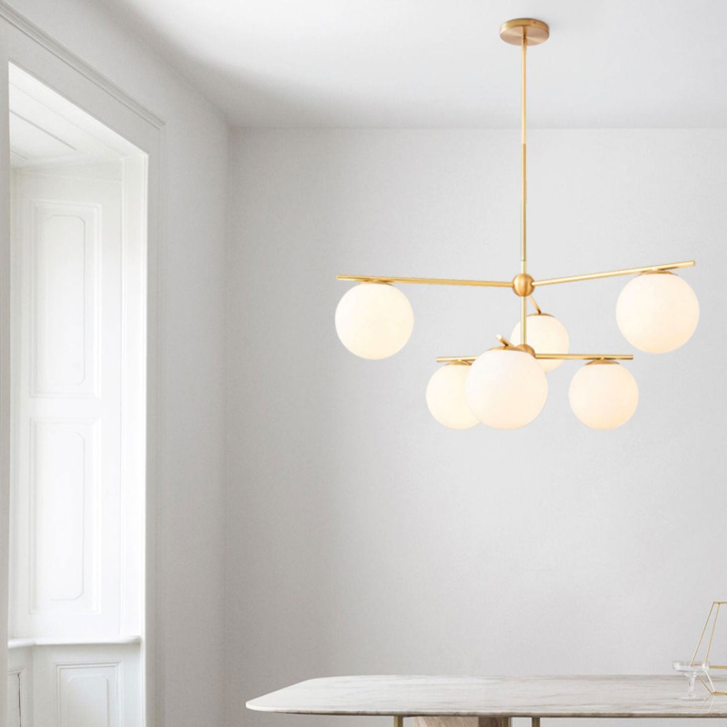 Modern Brass Chandelier with Glass Spheres
