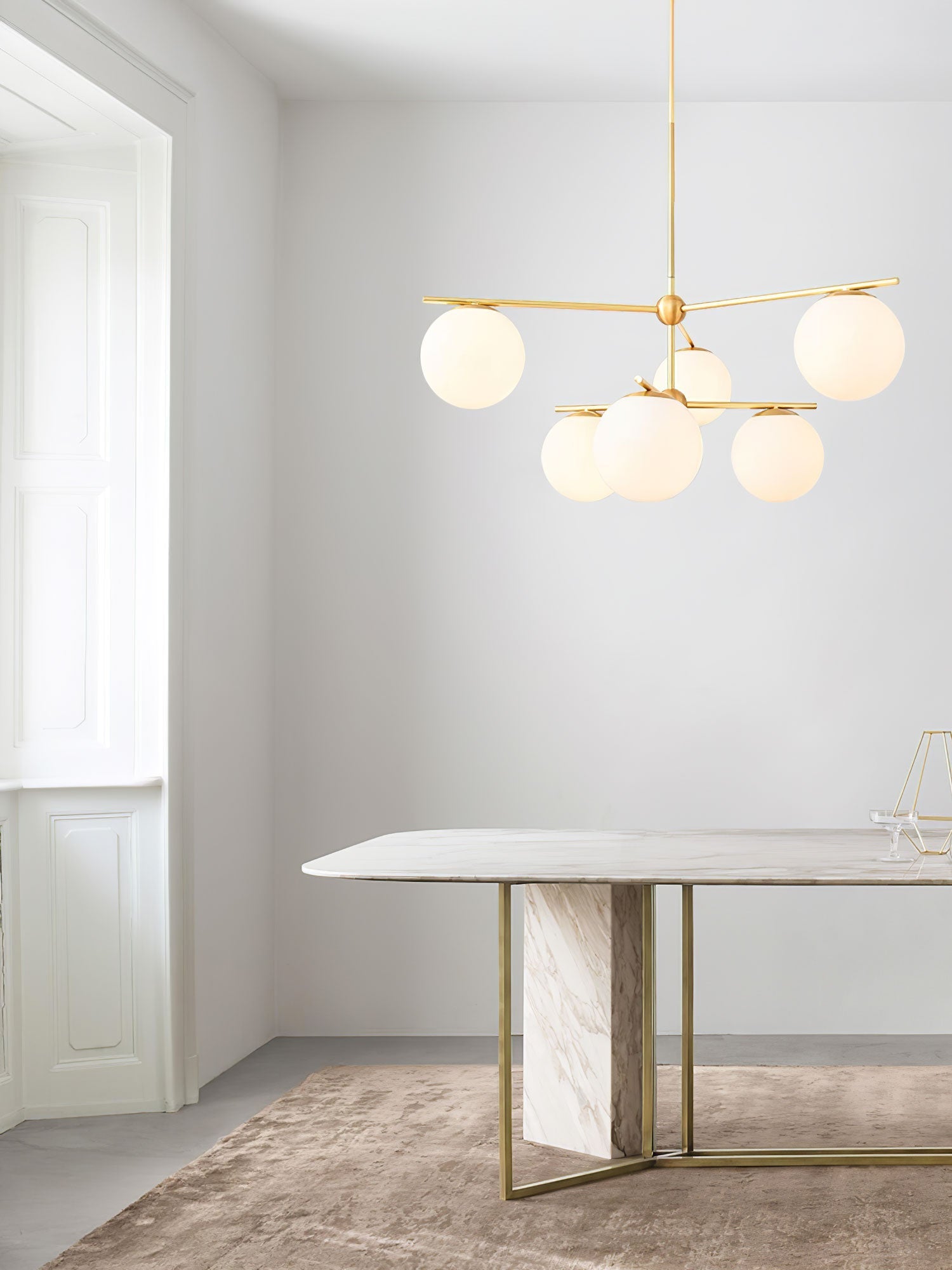 Modern Brass Chandelier with Glass Spheres