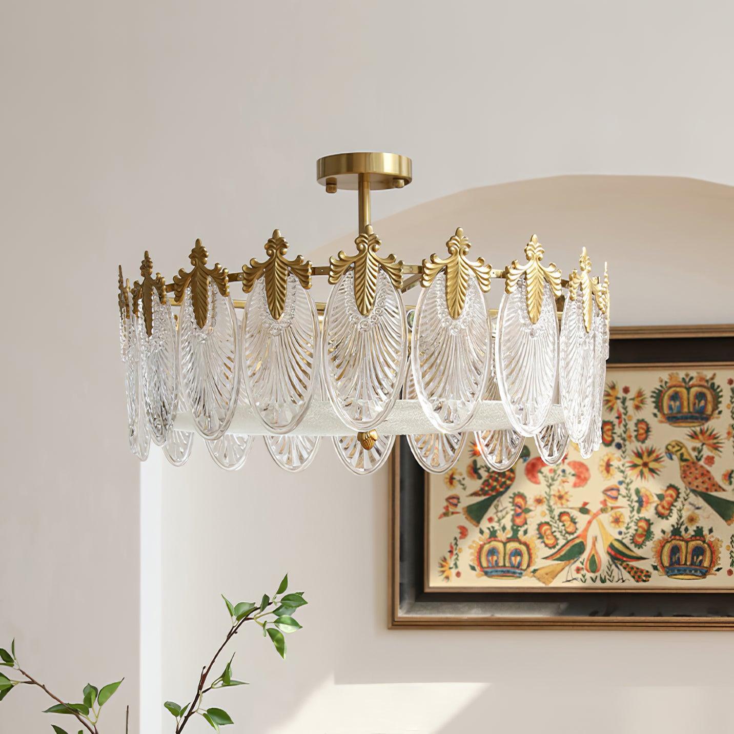 Copper Art Deco Chandelier & Textured Glass Petals