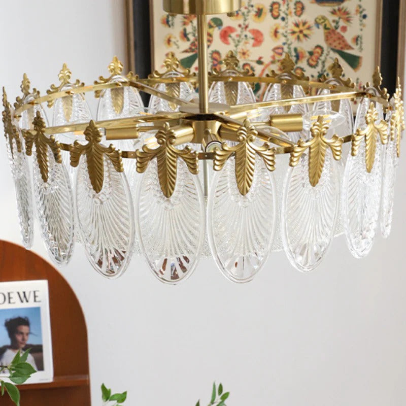 Copper Art Deco Chandelier & Textured Glass Petals
