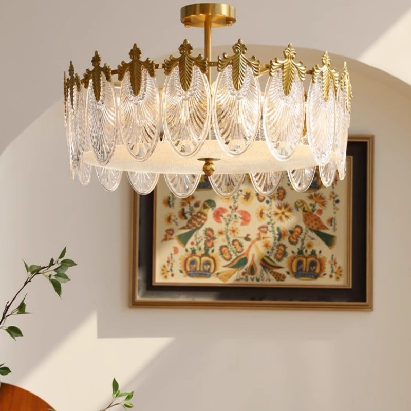 Copper Art Deco Chandelier & Textured Glass Petals