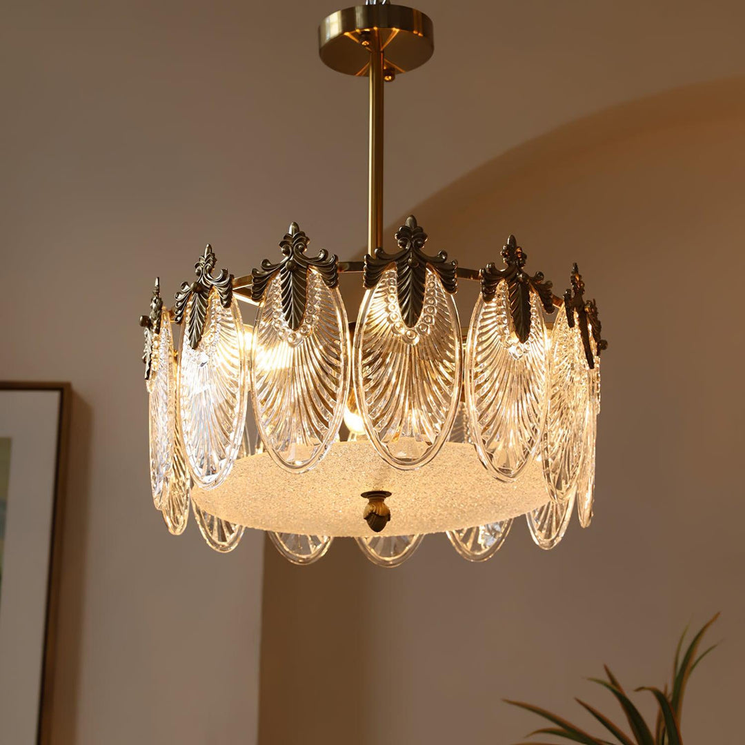 Copper Art Deco Chandelier & Textured Glass Petals