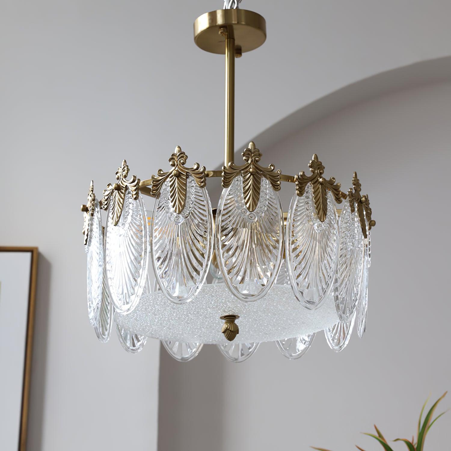 Copper Art Deco Chandelier & Textured Glass Petals