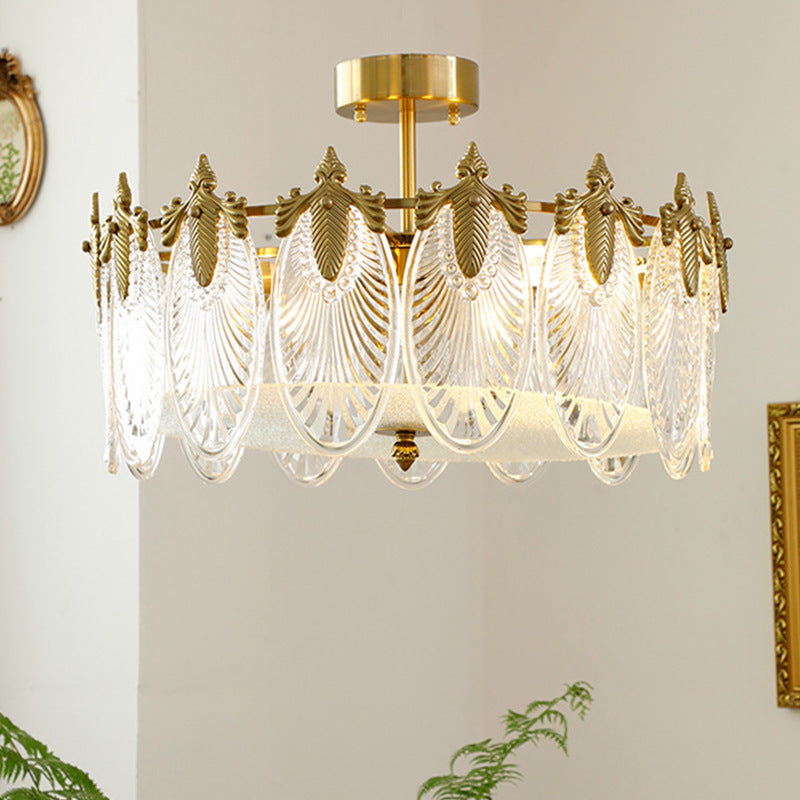 Copper Art Deco Chandelier & Textured Glass Petals