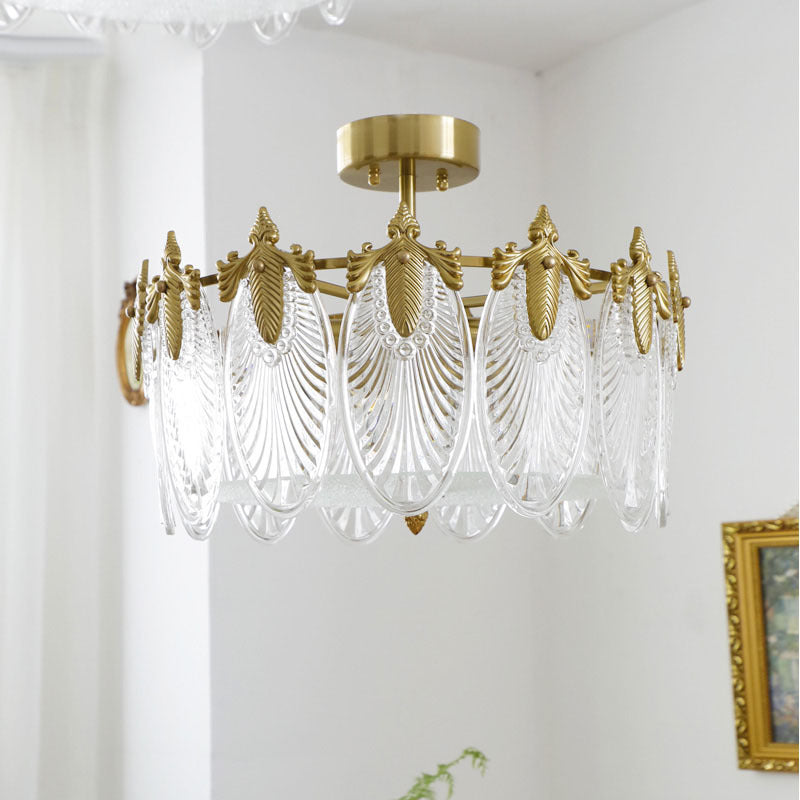 Copper Art Deco Chandelier & Textured Glass Petals