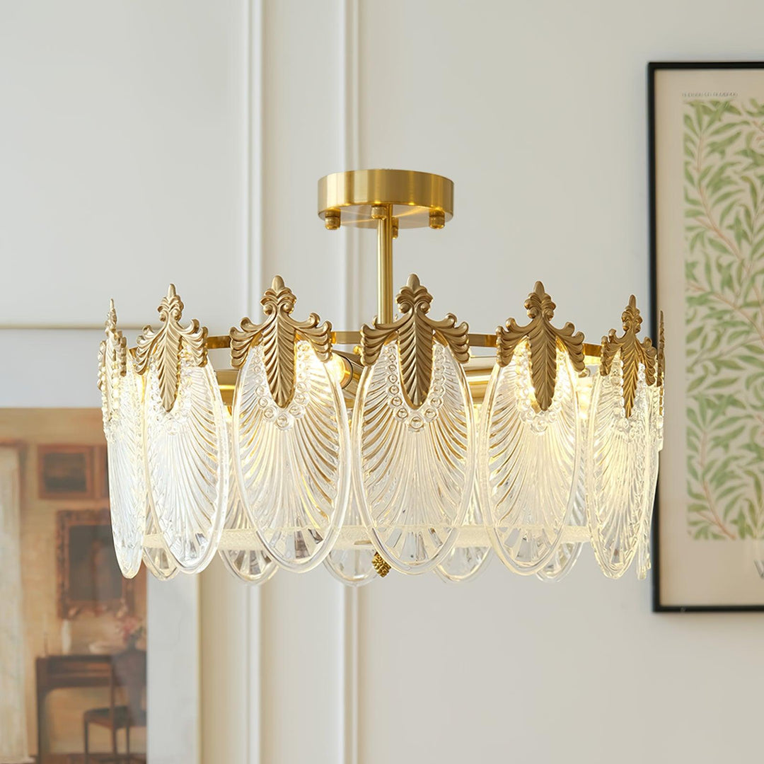 Copper Art Deco Chandelier & Textured Glass Petals