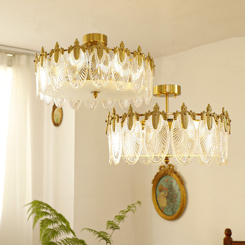 Copper Art Deco Chandelier & Textured Glass Petals
