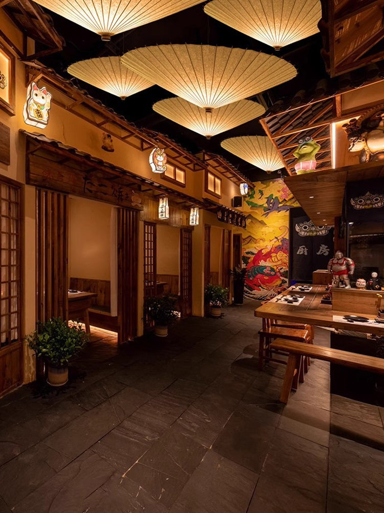 Japanese Pendant Light with Broad Umbrella Shade