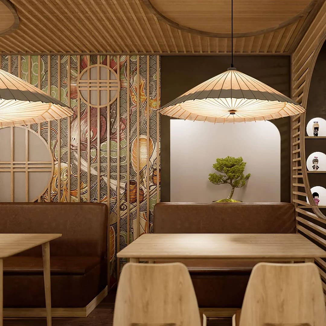 Japanese Pendant Light with Broad Umbrella Shade