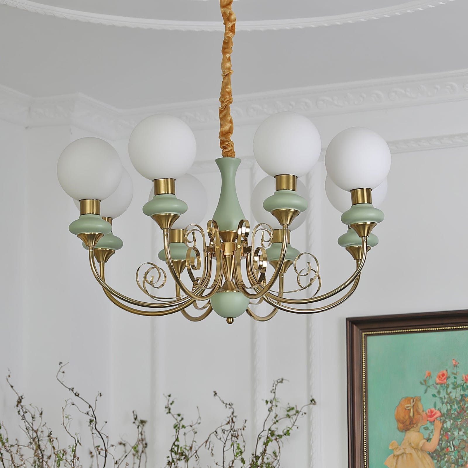 Vintage Chandelier with Spherical Shades & Arms