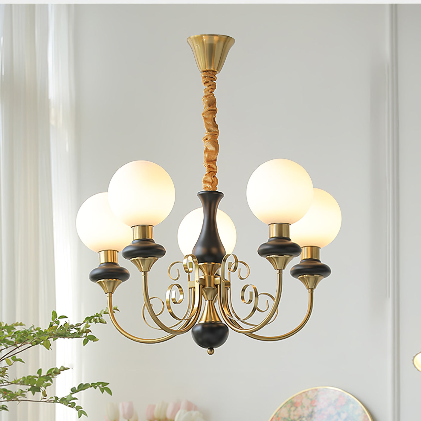 Vintage Chandelier with Spherical Shades & Arms
