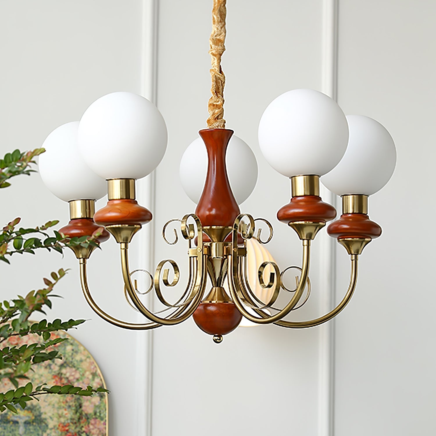 Vintage Chandelier with Spherical Shades & Arms