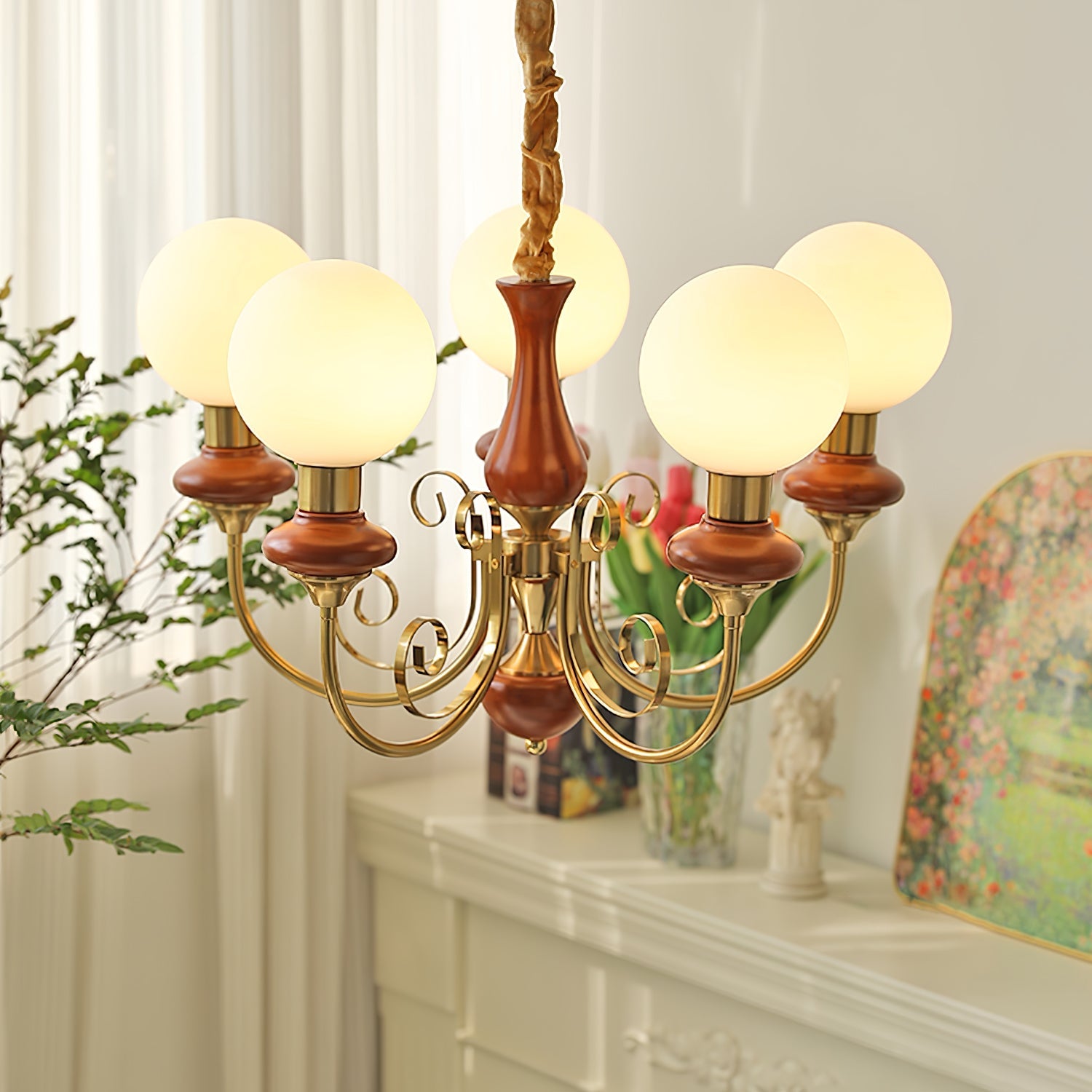 Vintage Chandelier with Spherical Shades & Arms