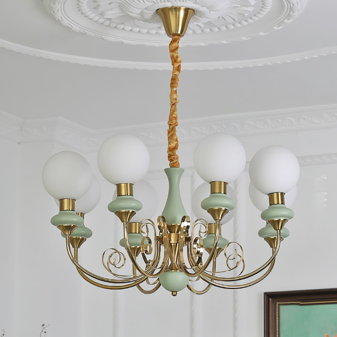 Vintage Chandelier with Spherical Shades & Arms