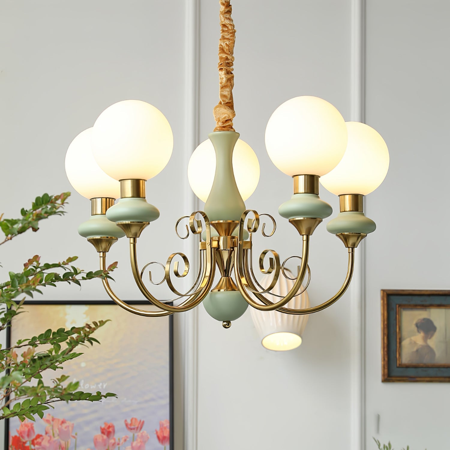 Vintage Chandelier with Spherical Shades & Arms