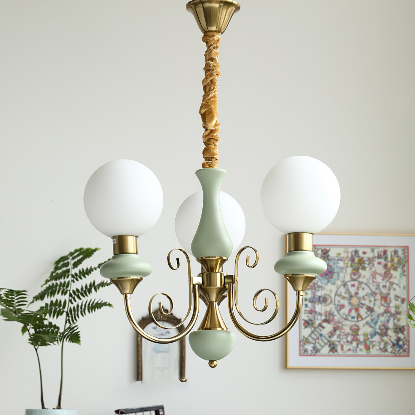 Vintage Chandelier with Spherical Shades & Arms