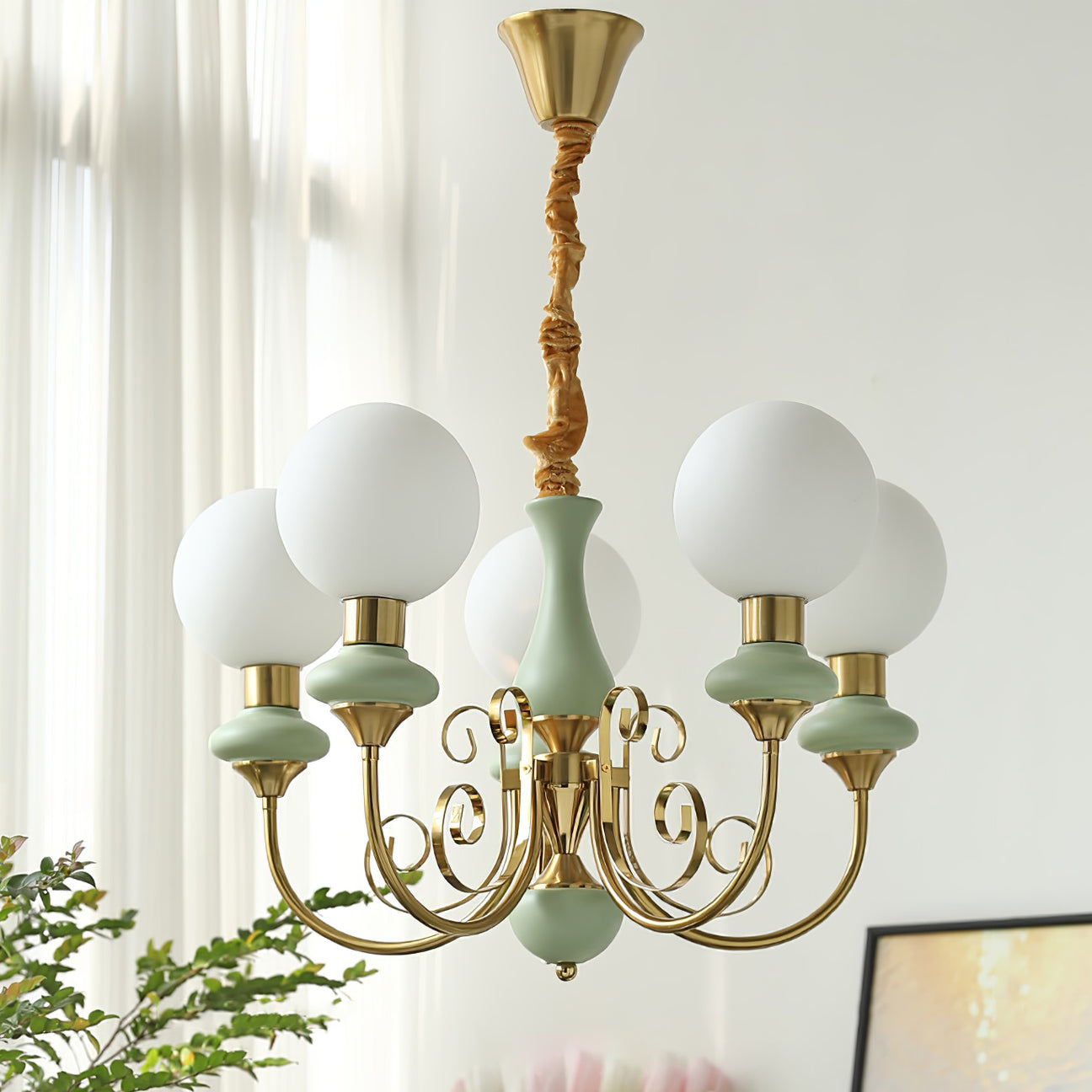Vintage Chandelier with Spherical Shades & Arms