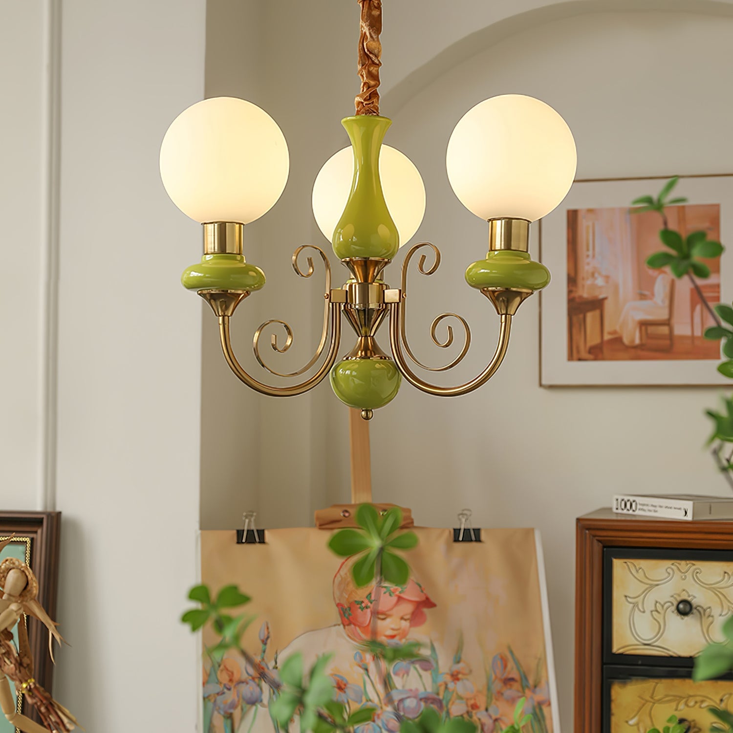 Vintage Chandelier with Spherical Shades & Arms