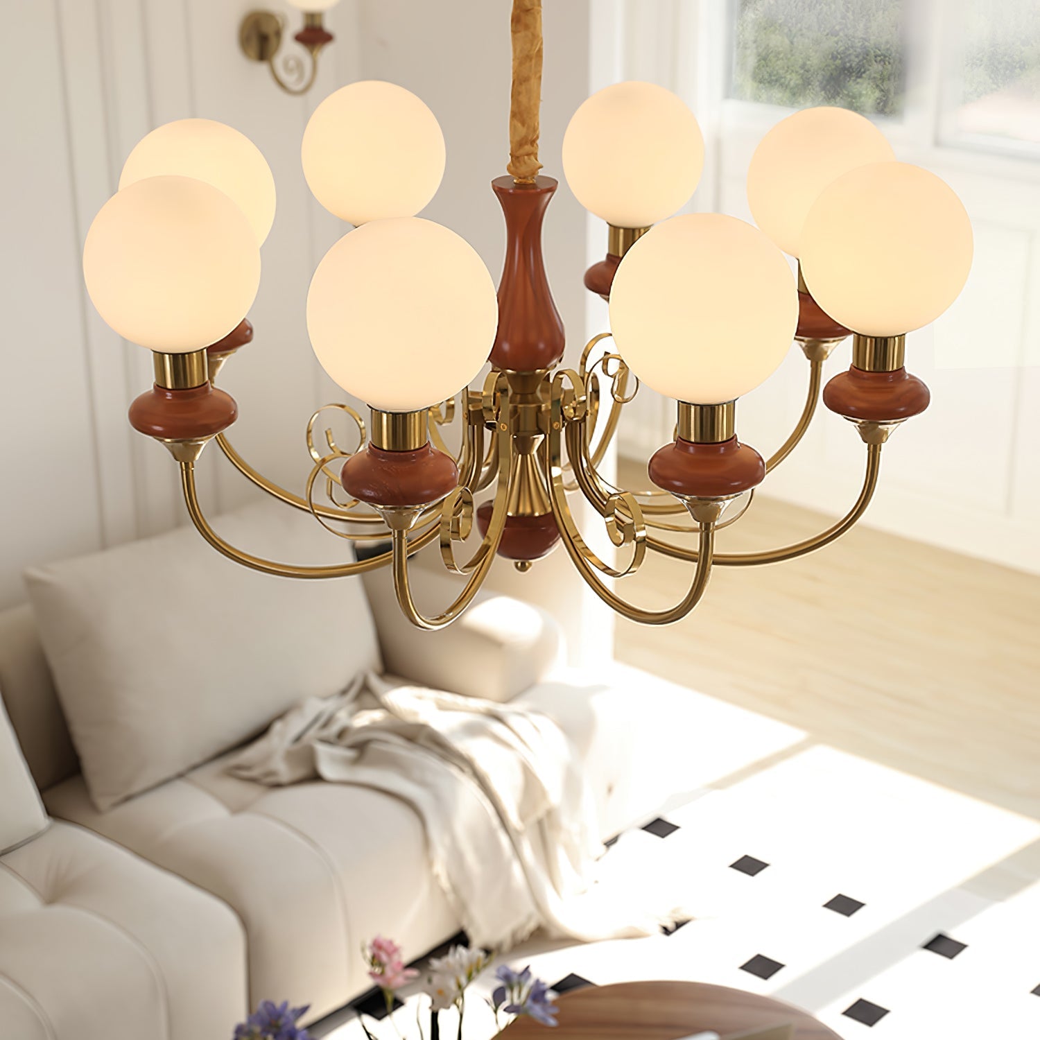 Vintage Chandelier with Spherical Shades & Arms