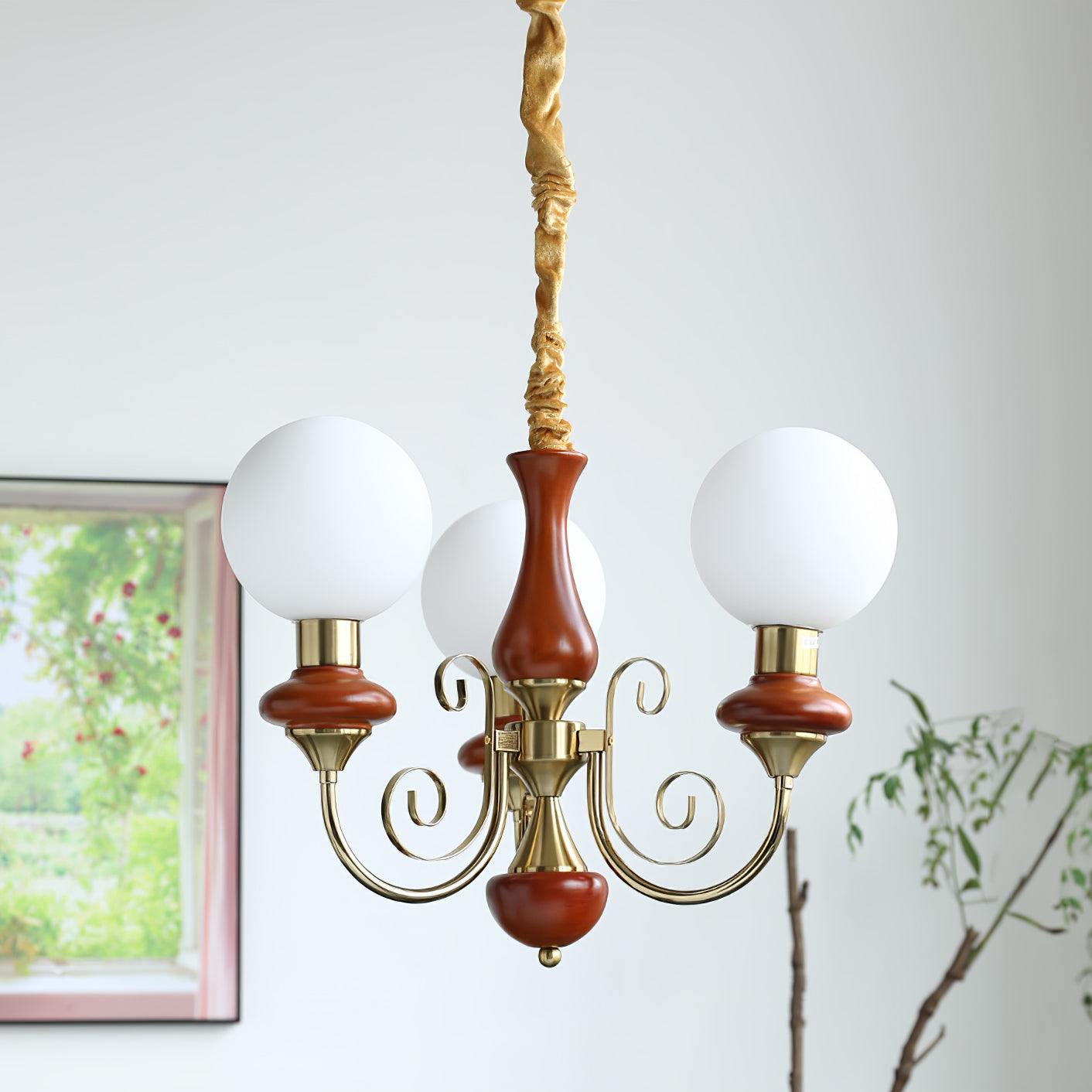 Vintage Chandelier with Spherical Shades & Arms