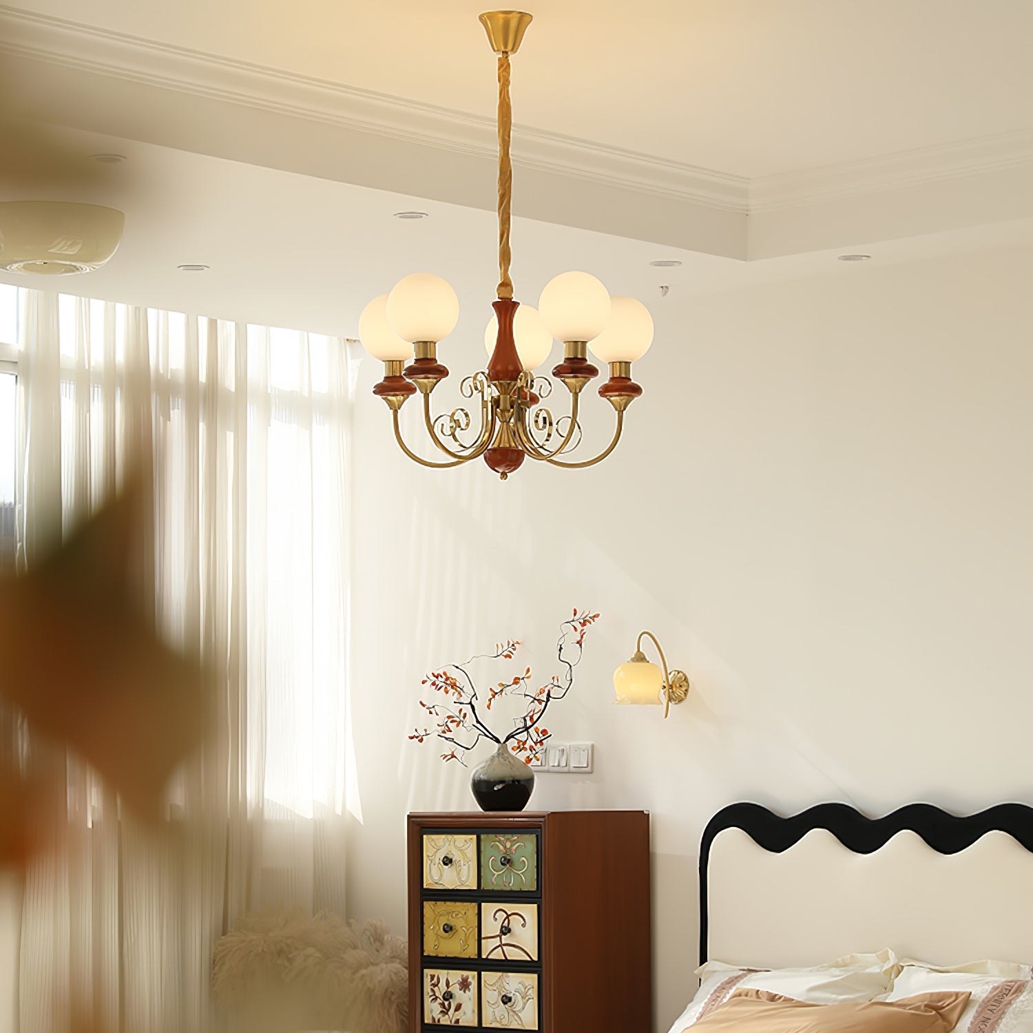 Vintage Chandelier with Spherical Shades & Arms