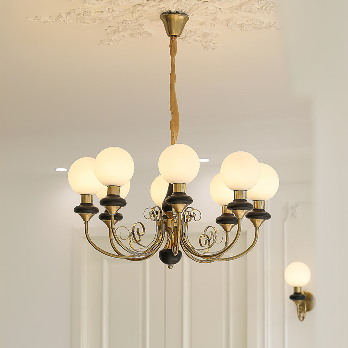 Vintage Chandelier with Spherical Shades & Arms