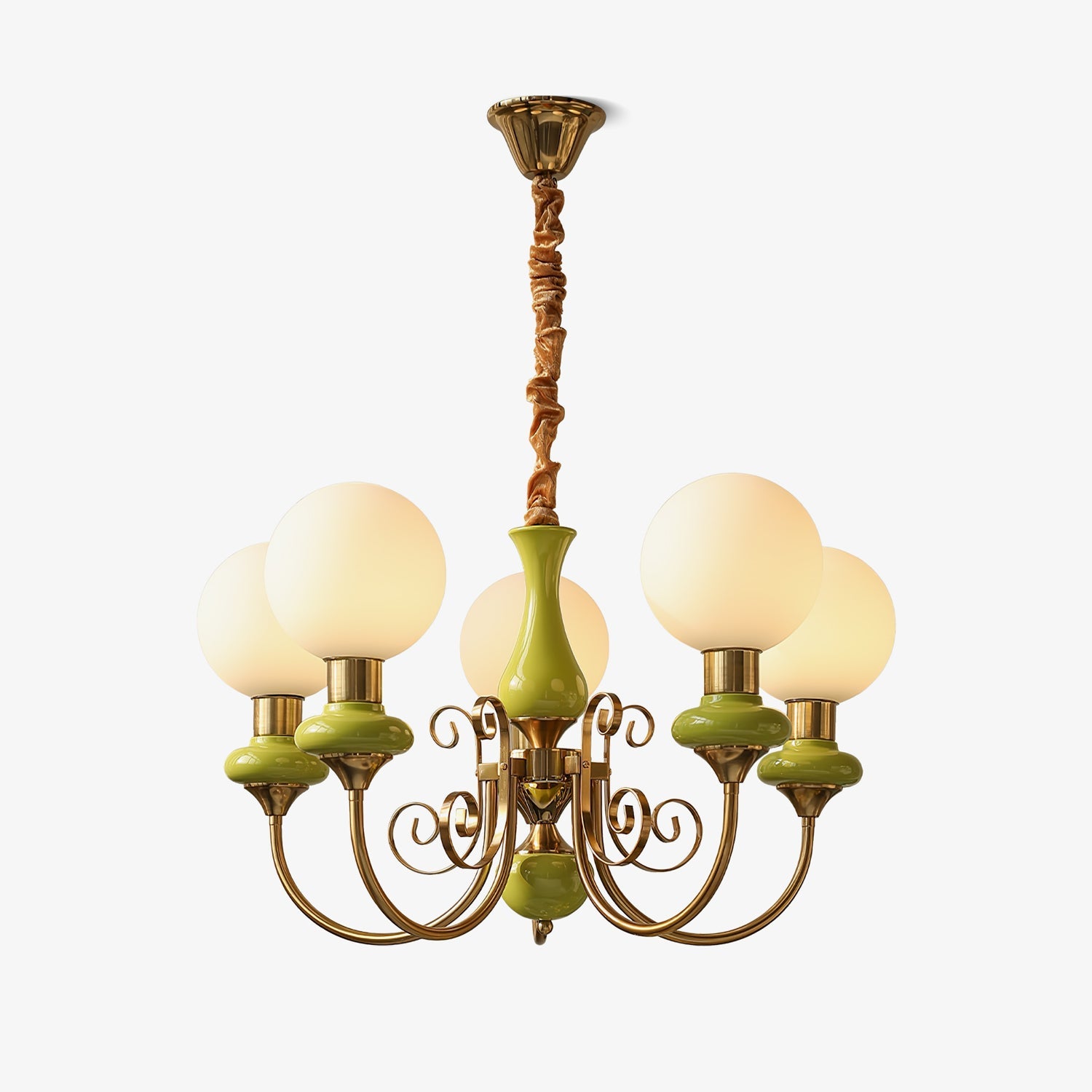 Vintage Chandelier with Spherical Shades & Arms