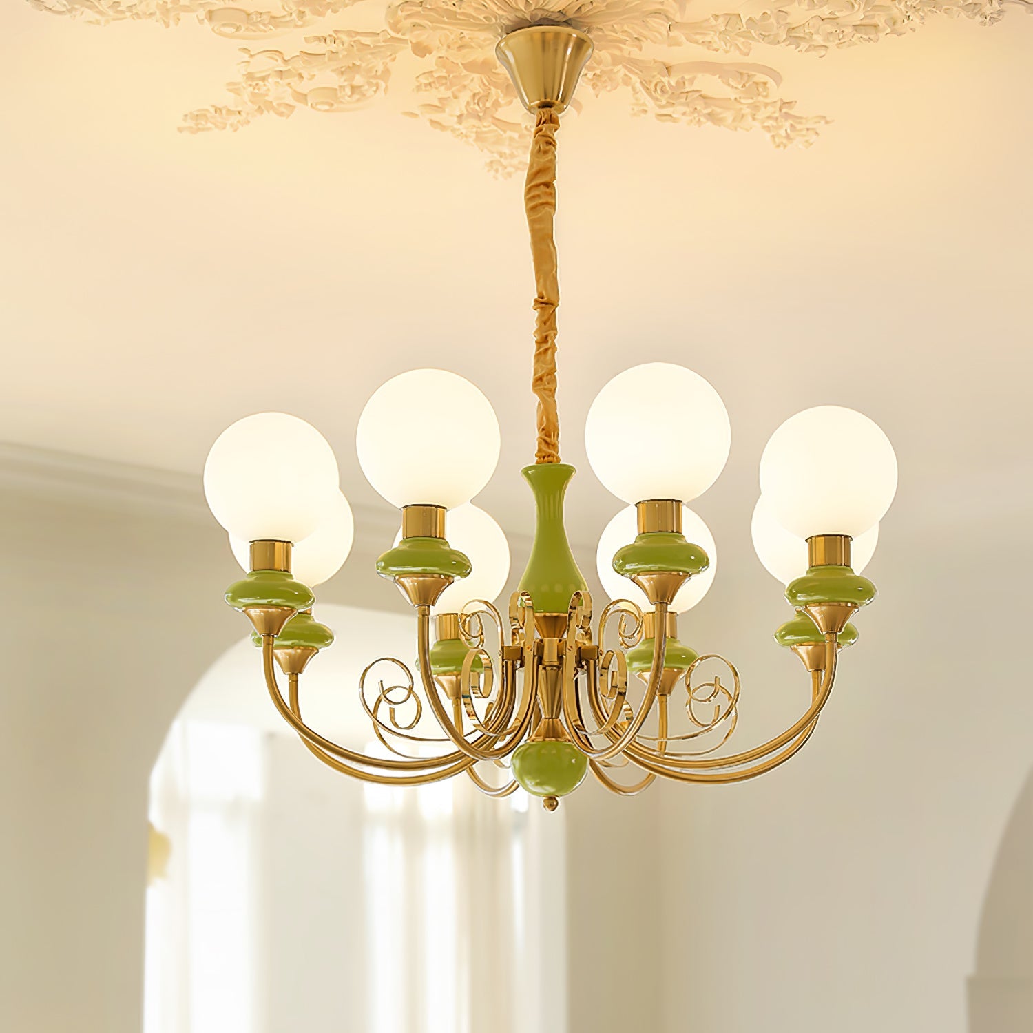 Vintage Chandelier with Spherical Shades & Arms