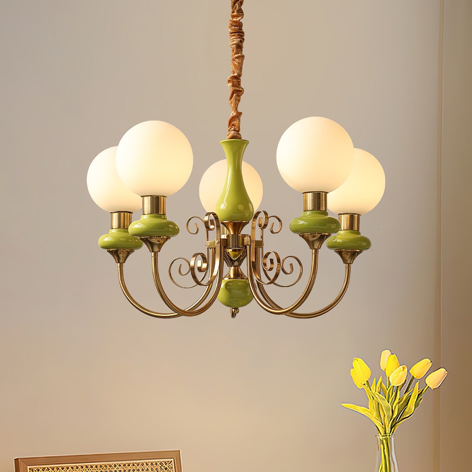 Vintage Chandelier with Spherical Shades & Arms